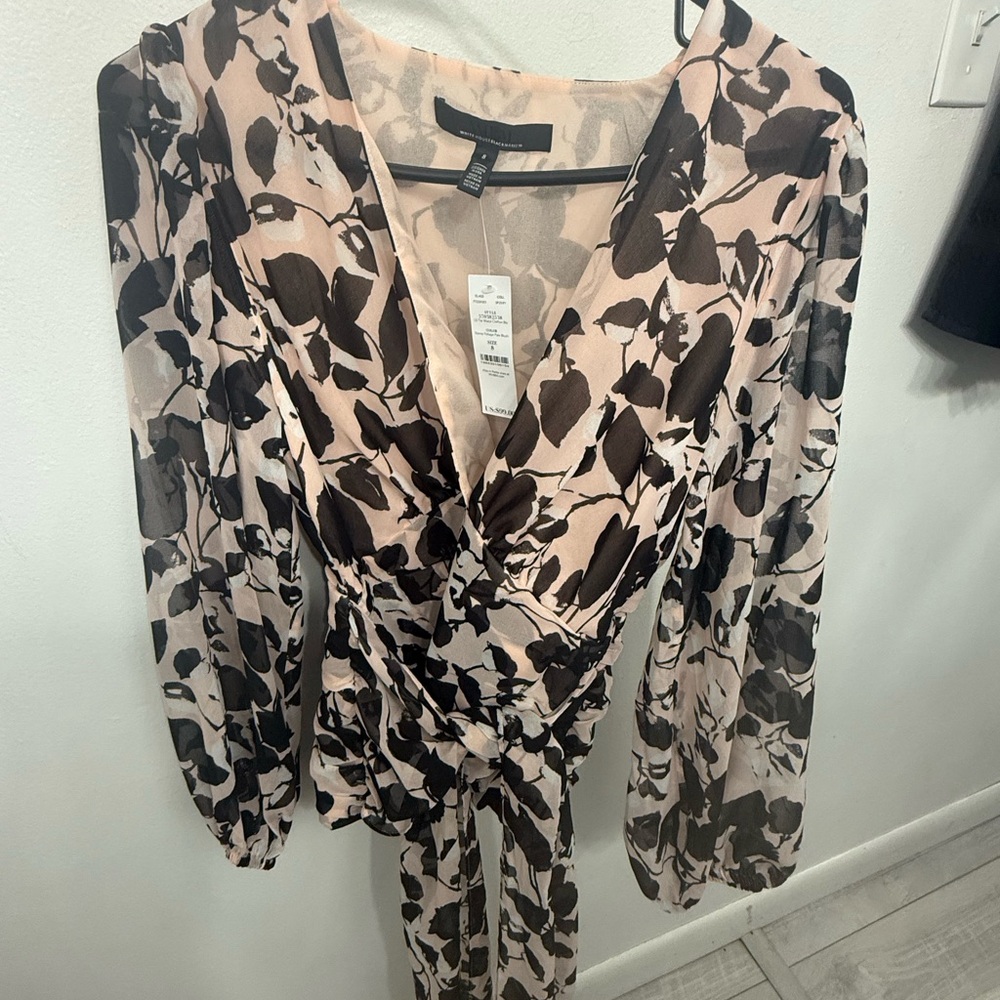 White House Black Market Black and Blush Floral Blouse